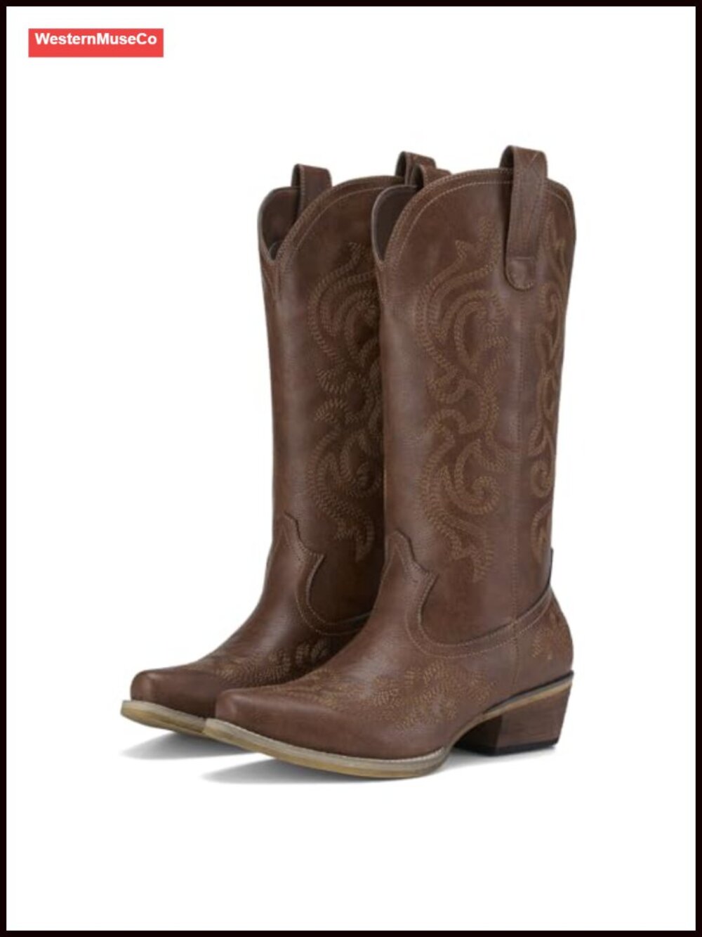 Western Cowgirl Boots Snip Toe Mid-Calf Floral Embroidery Synthetic